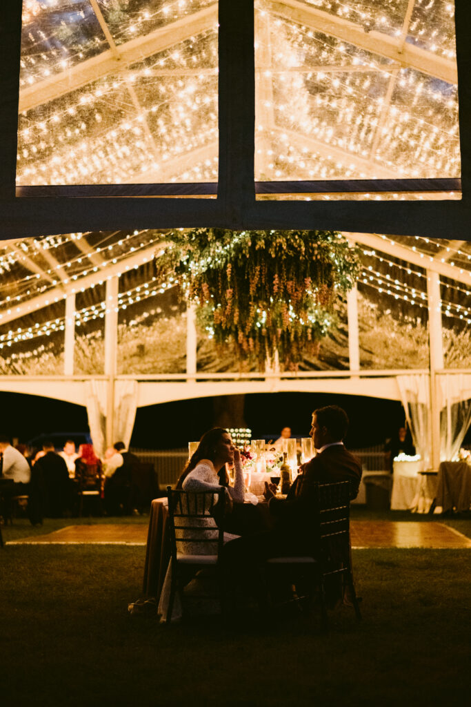 private estate lake wedding clear tent at night